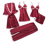Flodxo 5 Piece Pyjamas Set Women Satin Silk Pajamas Kimono Robe Floral Lace Cami Tops Shorts Pants Nightdress Bathrobe Pjs Sets Sleepwear Soft Comfy Loungewear Ladies Sexy Nightwear Wine XL