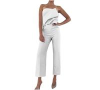 Flodxo Bandeau Jumpsuits for Women UK Elegant Party Evening Playsuits Casual Going Out Wide Leg Overalls Sleeveless Work Office All In One Romper Strapless Sexy Club One Piece Outfits White XXL