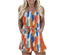Flodxo Bandeau Playsuit Women Summer Jumpsuits Sleeveless Wide Leg Short Jumpsuit Casual Loose Floral Print Romper Lounge Stretchy Baggy Shorts All In One Overalls for Travel Beach Orange XXL