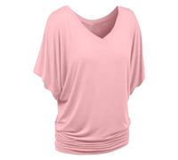 Flodxo Batwing Tops for Women UK Plus Size Summer Oversized T Shirts Short Ruffle Sleeve V-Neck Ruched Blouses Casual Loose Dressy Work Office Pullover Going Out Wrap Tops Clothing Pink XXL