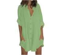 Flodxo Beach Cover Ups for Women UK Cotton Linen Plus Size Blouses Summer Casual Loose Boho Tops Vintage Solid Color Oversized Tee Shirts V Neck Button Down Holiday Pullover Army Green L