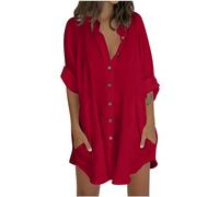Flodxo Beach Cover Ups for Women UK Cotton Linen Plus Size Blouses Summer Casual Loose Boho Tops Vintage Solid Color Oversized Tee Shirts V Neck Button Down Holiday Pullover Red L