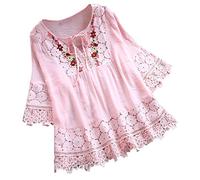 Flodxo Blouses for Women UK Elegant Lace Linen Shirt Summer Oversized T Shirts Plus Size Floaty Embroidery Boho Tops V Neck 3/4 Sleeve Tunic Blouse Party Evening Going Out Clothing Pink XXL
