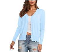 Flodxo Cardigans for Women UK Knitted Women's Cardigans Long Sleeve V Neck Tops Button Down Lightweight Jacket Ladies Scalloped Shrugs Jumper Cardigan Sweaters for Dresses Summer Light Blue M