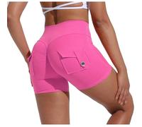 Flodxo Cargo Shorts Women Yoga Legging Shorts with Pockets Scrunch Seamless Cycling Hotpants High Waisted Ruched Butt Lifting Sports Trousers Running Gym Solid Soft Slim Pants Hot Pink XL