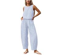 Flodxo Co Ord Sets for Women Plaid Pyjamas Sleeveless Tank Tops High Elastic Waist Trousers Summer Sleepwear Casual Baggy Suits Gingham Checkered Pattern 2 Piece Matching Suits Light Blue XL