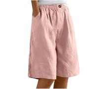 Flodxo Cotton Linen Shorts Women Knee Length 3/4 Length Capris Pants Elasticated Waist Summer Beach Bermuda Shorts Activewear Cargo Gym Running Plus Size Casual Holiday Trousers Pink 3XL