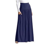 Flodxo Cotton Maxi Skirts for Women UK Elasticated Waist Boho Summer Maxi Dresses Plus Size Casual Ankle Length Long Skirts with Pockets Trendy Plain Solid High Waisted Ladies Dress Dark Blue XL