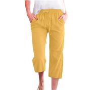 Flodxo Cropped Trousers for Women Linen Summer Loose Petite Hiking Shorts Drawstring Elasticated Waist 3/4 Length Joggers Baggy Wide Leg Pants Ladies Casual Trouser with Pockets Yellow M