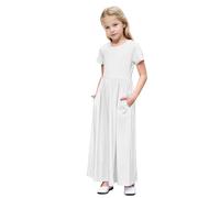 Flodxo Dresses for Girls 11-12 Years Summer Short Sleeve Maxi Dress Casual Elegant Pleated A Line Party Grown Vintage Plain Solid Color Holiday Beach Sundress for 4 Years - 14 Years White