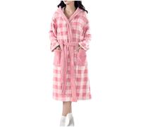 Flodxo Dressing Gown Womens Fleece Soft Cosy Hooded Bath Robe Vintage Checked Print Winter Housecoat Sherpa Fluffy Long Bathrobe Warm and Cosy Ladies Dressing Gown with Pockets Pink