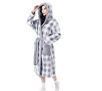 Flodxo Dressing Gown Womens Fleece Soft Cosy Hooded Bath Robe Vintage Checked Print Winter Housecoat Sherpa Fluffy Long Bathrobe Warm and Cosy Ladies Dressing Gown with Pockets Grey