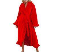 Flodxo Dressing Gown Womens Fluffy Flannel Soft Robe Winter Warm Bathrobe Plush Soft Cosy Long Bath Robes Elegant Casual Housecoat Loungewear Ladies Dressing Gown with Belt Pocket Red L