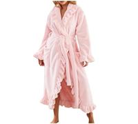 Flodxo Dressing Gown Womens Fluffy Flannel Soft Robe Winter Warm Bathrobe Plush Soft Cosy Long Bath Robes Elegant Casual Housecoat Loungewear Ladies Dressing Gown with Belt Pocket Pink L
