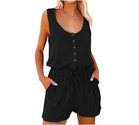 Flodxo Dungarees for Women UK Summer Short Jumpsuits Sleeveless Tank Tops Romper Overalls Elasticated Waist Wide Leg Shorts Playsuits V-Neck T-Shirt Loose All in One Outfits Black M