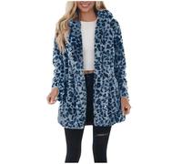 Flodxo Faux Fur Coat Women Leopard Print Winter Long Jackets Plus Size Fleece Fluffy Shacket Warm and Cosy Overcoat Soft Elegant Casual Trench Coat Open Front Longline Cardigans Blue 5XL