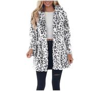 Flodxo Faux Fur Coat Women Leopard Print Winter Long Jackets Plus Size Fleece Fluffy Shacket Warm and Cosy Overcoat Soft Elegant Casual Trench Coat Open Front Longline Cardigans White M