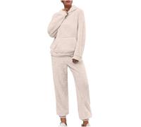 Flodxo Fleece Pyjamas Sets for Women UK Winter Fluffy Pajamas 2 Piece Fuzzy Warm Tracksuits Ladies Loungewear Outfits Long Sleeve Hoodies Sweatshirts Pocket Thermal Joggers Bottoms Beige XL
