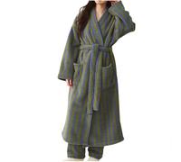 Flodxo Fluffy Dressing Gown Women Fleece Striped Towelling Bathrobe Long Sleeve Lightweight Plush Housecoat with Belt Elegant Bridesmaid Robe Nightwear Sleepwear Warm Cosy Bath Robe Green M
