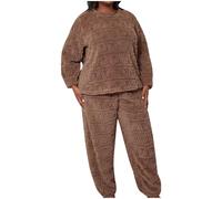 Flodxo Fluffy Pyjamas Women Plus Size Winter Warm Pajamas Thicken Soft Fuzzy Fleece Pjs Sets 2 Piece Loungewear Oversized Hooded Sweatshirts Casual Loose Plush Bottoms Nightwear Brown 3XL