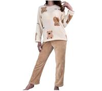 Flodxo Fluffy Pyjamas Women Winter Fleece Pajamas Set 2 Pcs Fuzzy Fluffy Pjs Teddy Bear Print Fleece Plush Pullover and Wide Leg Trousers Bottoms Sleepwear Nightwear Warm Pyjamas Set Brown XL