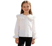 Flodxo Girl School Shirts Long Sleeve Button Down Shirt Classic Plain Casual Smart Blosues Peter Pan Collar Solid Color School Uniform Formal Plain Cotton Comfy Kids Tops White 12-13Y