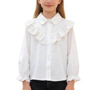Flodxo Girl School Shirts Long Sleeve Button Down Shirt Classic Plain Casual Smart Blosues Peter Pan Collar Solid Color School Uniform Formal Plain Cotton Comfy Kids Tops White 7-8Y