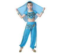 Flodxo Girls Belly Dance Costume Dance Outfits 5 Piece Arabian Princess Dancer Performance Outfit Suit Short Sleeve Crop Tops and Trousers Sets Christmas Carnival All Set Sky Blue 11-13Y