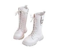 Flodxo Girls Knee High Boots Kids Side Zippers Cowgirl Boots-Fuax Leather,Casual,Lace Up,Outdoor,Comfort,Soft,Autumn and Winter,Waterproof School Shoes,Beige,Size 11.5