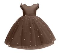 Flodxo Girls Princess Dress for Weddings Bridesmaid Tulle Formal Evening Party Grown Flutter Sleeve Puff Casual Elegant Clothes Performance Midi Tulle Skirts Birthday Prom Ball 4-10 Years Brown