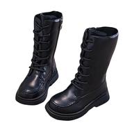 Flodxo Girls PU Leather Boots Mid-Calf Knee High Boot Lightweight Waterproof School Shoes Waterproof Combat Walking Booties Side Zipper Sweet SteamPUnk Footwear Black Size 13.5