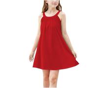 Flodxo Girls Summer Dresses 11-12 Years Elegant Casual Off Shoulder Sleeveless Party Grown Vintage Solid Color Boho Beach Dress A Line Flowy Swing Sundress for 4 Years - 15 Years Red