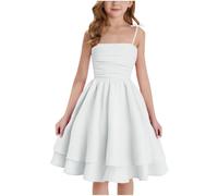 Flodxo Girl's Summer Dresses Spaghetti Strap Swing Pleated Cotton Dress Tween Kids Flowy Front Ruched Boho Beach Casual Midi Sundress for Princess Birthday Party Wedding Prom Gown White 11-12Y