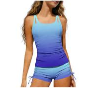 Flodxo Girls Swimsuit with Shorts-Two Piece Swimming Costume,Quick Dry Tankini Set, Ruched Bathing Suit,Printed Short Swimwear,Teen Kids Swimming Suit,Sleeveless Swim Tops & Boyshorts Blue 15-16Y