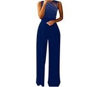 Flodxo Jumpsuit for Women Summer Wedding Sequin Elegant Party Playsuit Black Clubbing Romper Wide Leg Office Evening Trousers Diamond Halter Sexy One Piece Overalls Special Occasions Blue 3XL