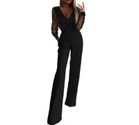 Flodxo Jumpsuit for Women UK Wedding Guest Sequin Playsuits Mesh Patchwork Long Sleeve Romper Elegant Business Office Wide Leg Overall Formal Work Casual Casual Onesies Party Clubwear Black S