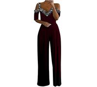 Flodxo Jumpsuit Wedding Guest Women Elegant Dressy Jumpsuit Formal Work Overalls Party Sexy Business Office Wear Short Sleeve V Neck Long Pants for Cocktail Evening Wedding Wine 3XL