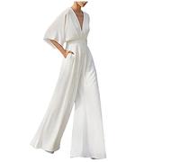 Flodxo Jumpsuits for Women Uk Elegant Short Sleeve V-Neck Playsuits High Waisted Wide Leg Pants Casual Loose Palazzo Wedding Rompers Overalls Pocket Flowy Long Outfits Party Work White XXL