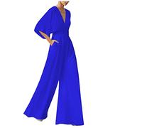 Flodxo Jumpsuits for Women UK Elegant Short Sleeve V-Neck Playsuits High Waisted Wide Leg Pants Casual Loose Palazzo Wedding Rompers Overalls Pocket Flowy Long Outfits Party Work Blue S