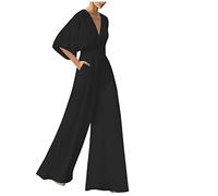 Flodxo Jumpsuits for Women Uk Elegant Short Sleeve V-Neck Playsuits High Waisted Wide Leg Pants Casual Loose Palazzo Wedding Rompers Overalls Pocket Flowy Long Outfits Party Work Black XXL