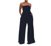 Flodxo Jumpsuits Women Elegant Party All in One Jumpsuit High Waisted Wide Leg Long Playsuits with Pocket Straight Across Sexy Bandeau One Piece Outfits Strapless Palazzo Overalls Black M