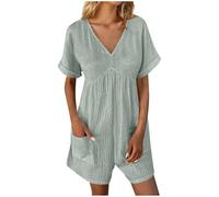 Flodxo Jumpsuits Women Oversized Rompers 2024 Summer Casual Short Jumpsuits Short Sleeve V Neck Loose T-Shirt Romper with Pockets Athletic Workout Onesie Ladies Short Overalls Mint Green L