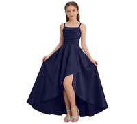 Flodxo Kids Girls Long Dresses Spaghetti Straps Swing A Line Dresses Twirly Skater School Wedding Bridesmaid Formal Evening Pageant Gown Elegant Casual Asymmetrical Hem Dress Navy 13-14Y