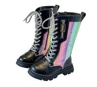 Flodxo Knee High Boots Girls Kids Lace Up Riding Boots-Zipper Sweet Steampunk Booties,Thick Rubber Sole Stitching Faux Leather School Shoes,Waterproof Combat Footwear,Black,Size 11