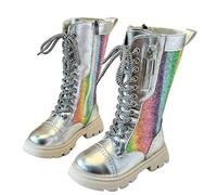 Flodxo Knee High Boots Girls Kids Lace Up Riding Boots-Zipper Sweet Steampunk Booties,Thick Rubber Sole Stitching Faux Leather School Shoes,Waterproof Combat Footwear,Silver,Size 13