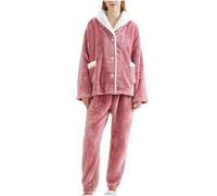 Flodxo Ladies Fleece Pyjamas Set Winter Fluffy Pajama Shawl Neck Fuzzy Lounge Wear Sets Long Sleeve Button Down Cardigan and Pyjama Bottoms Sleepwear Nightwear Pjs Warm 2 Piece Outfits Pink M