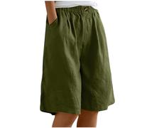 Flodxo Ladies Linen Shorts Bermuda Knee Length Culottes for Women Plus Size Wide Leg Trousers Elastic Waist Summer Capri Pants Casual Loose Baggy Beach Shorts Cargo Cropped Trousers Army Green L