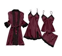 Flodxo Ladies Pyjamas 4 Pcs Pajamas Set Uk Womens Lace Robe Dress Sleepwear Sexy Sleeveless Nightdress Shorts Set Floral Lace Nightwear Lightweight Pyjamas Soft Homewear Wine 3XL