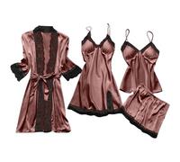 Flodxo Ladies Pyjamas 4 Pcs Pajamas Set UK Womens Lace Robe Dress Sleepwear Sexy Sleeveless Nightdress Shorts Set Floral Lace Nightwear Lightweight Pyjamas Soft Homewear Brown S