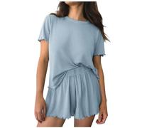 Flodxo Ladies Pyjamas Shorts And Top Set Women Nightwear Summer Pjs Set Comfy T Shirts And Wide Leg Short Pants Comfy Yoga Solid Color Pyjamas Plain Loungewear Home Suits Light Blue M
